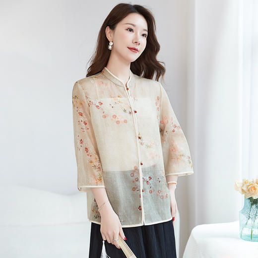 QS【国风新中式】真丝印花立领衬衫小衫上衣100%桑蚕丝开衫外套1691 商品图1