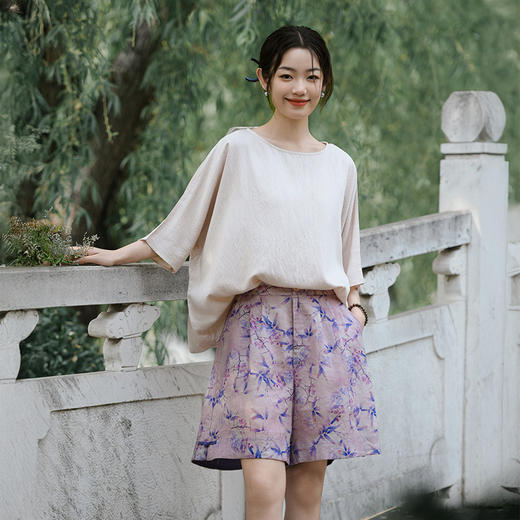 雀说新中式裤子女夏季新款苎麻印花外穿字短裤女中国风休闲阔腿裤AL6532 商品图2