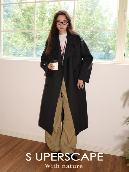 素舶 棉混纺JI典斜纹立体廓形翻领中长款风衣外套女 商品图2