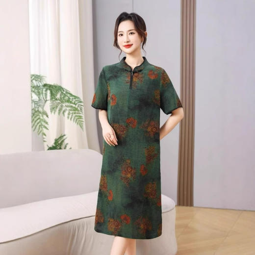 丁摩真丝香云纱荷叶绿裙新款旗袍改良版宽松显瘦连衣裙AL5112 商品图1