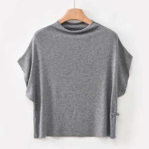 雀说新款短袖t恤女半高领盘扣复古天丝羊毛蝙蝠袖上衣AL6513 商品图6