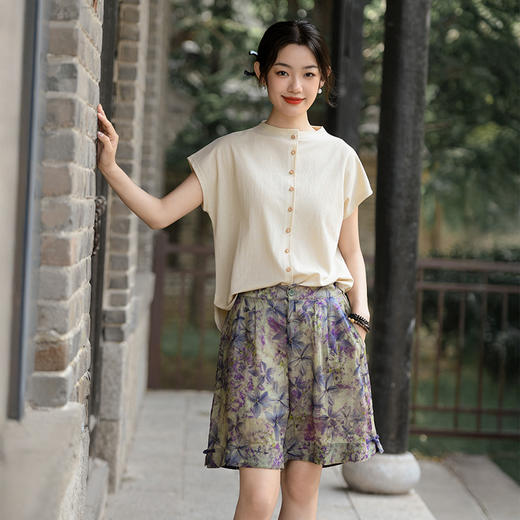 雀说新中式裤子女夏季新款苎麻印花外穿字短裤女中国风休闲阔腿裤AL6532 商品图3