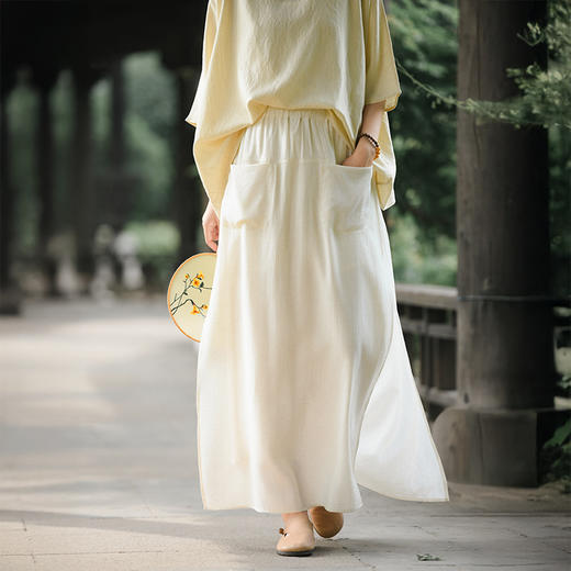 雀说新款裙裤女松紧腰亚麻垂感开叉半身裙裤AL6515 商品图2