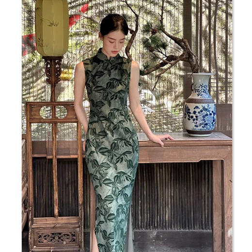 GX植绒长款无袖高档复古旗袍2025夏季新款气质修身旗袍日常可穿 商品图0