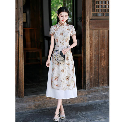 GX改良奥黛长款旗袍裙2025夏季新款复古民族风素雅新中式奥黛旗袍裙 商品图2