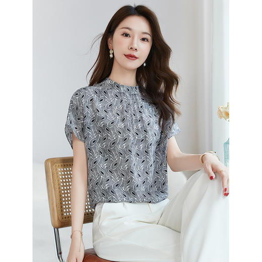 QS【100%真丝】双绉印花短袖小衫女百搭气质通勤桑蚕丝衬衣女1177 商品图2