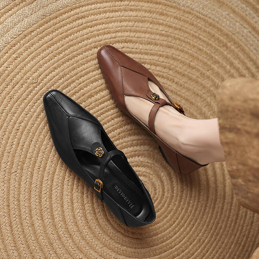 【预售5天】牛皮版~复古法式T字带玛丽珍鞋女新款百搭真皮浅口山茶花中跟单鞋LD&7306 商品图2