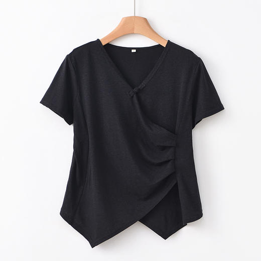 雀说新款设计感短袖t恤女新中式汉麻v领气质显瘦上衣AL6516 商品图5