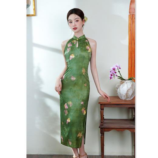 GX文艺清新挂脖露肩旗袍2025夏新款少女改良年轻款绿色气质无袖旗袍 商品图2
