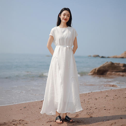 雀说新款短袖苎麻连衣裙女高级感收腰纯色设计感长裙AL6539 商品图3