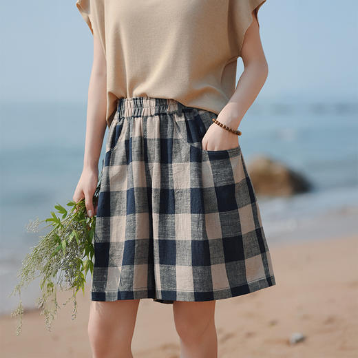 雀说棉麻女装夏季新款色织格亚麻短裤女外穿a字高腰休闲短裤AL6534 商品图5