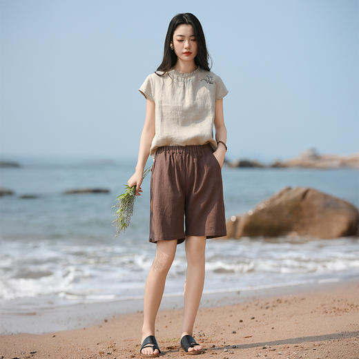 雀说新款短裤女外穿新中式国风苎麻松紧腰休闲裤AL6520 商品图5