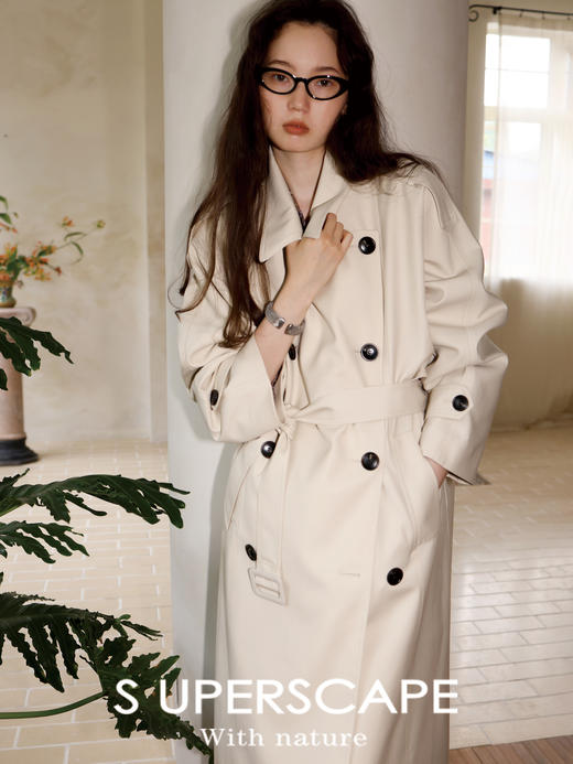 素舶 棉混纺JI典斜纹立体廓形翻领中长款风衣外套女 商品图0