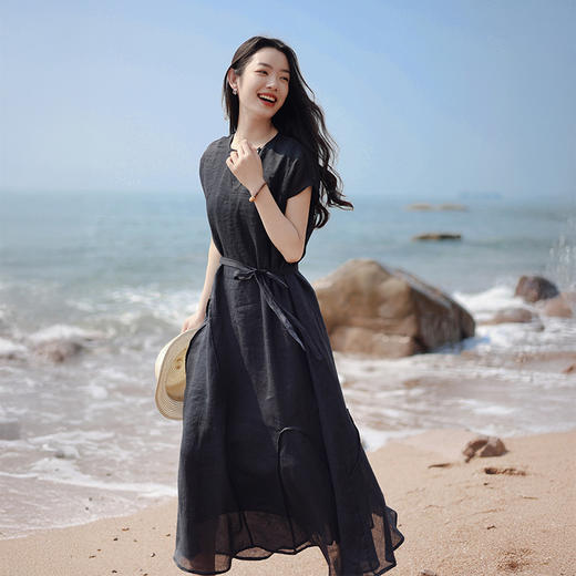 雀说新款短袖苎麻连衣裙女高级感收腰纯色设计感长裙AL6539 商品图5