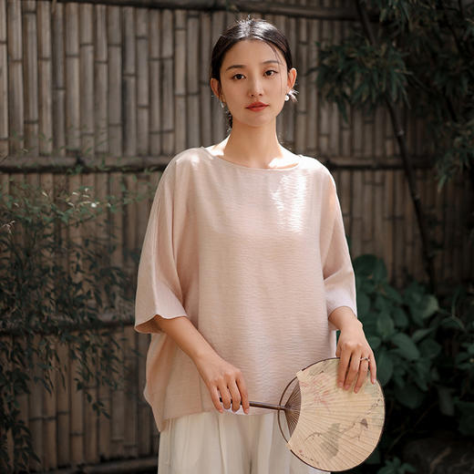 雀说新款圆领七分袖上衣女高级感亚麻垂感t恤宽松显瘦AL6517 商品图8