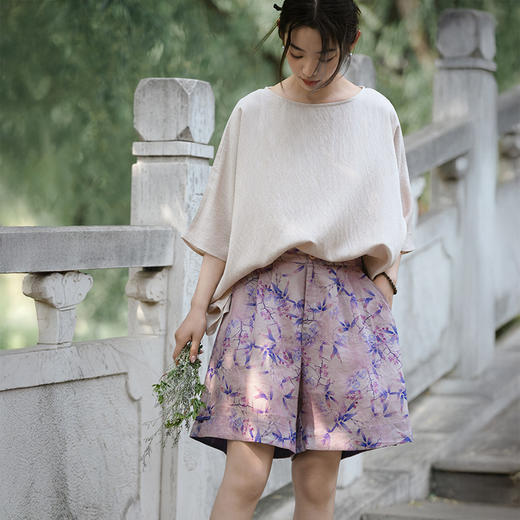 雀说新中式裤子女夏季新款苎麻印花外穿字短裤女中国风休闲阔腿裤AL6532 商品图6