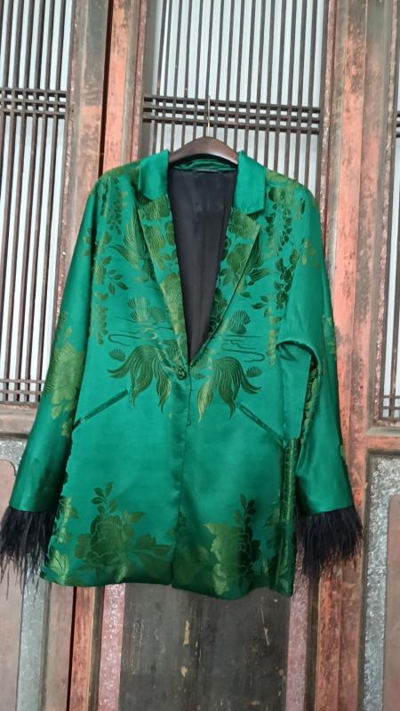 盛唐牡丹| 民国真丝老面料配鸵鸟毛西装外套-绿色 商品图0