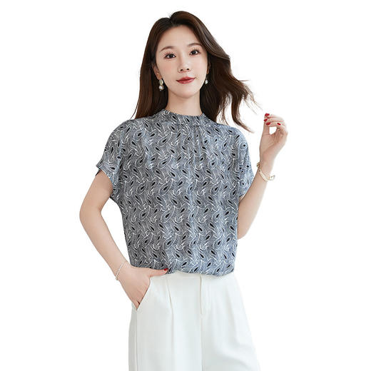 QS【100%真丝】双绉印花短袖小衫女百搭气质通勤桑蚕丝衬衣女1177 商品图4