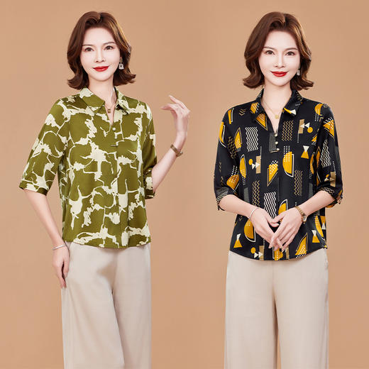 KQ弹力缎真丝上衣洋气质五分袖中老年女装大码桑蚕丝印花衬衫 商品图0