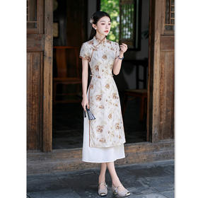 GX改良奥黛长款旗袍裙2025夏季新款复古民族风素雅新中式奥黛旗袍裙