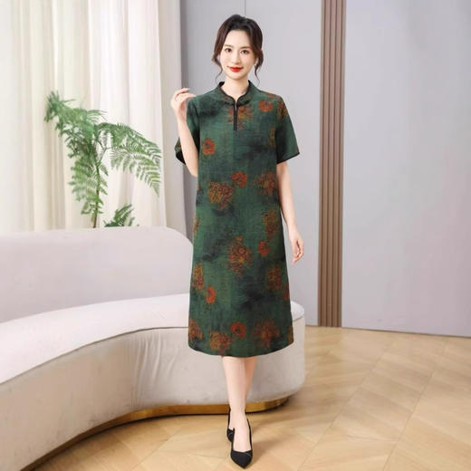 丁摩真丝香云纱荷叶绿裙新款旗袍改良版宽松显瘦连衣裙AL5112 商品图2