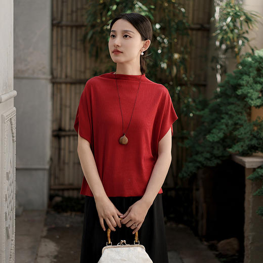 雀说新款短袖t恤女半高领盘扣复古天丝羊毛蝙蝠袖上衣AL6513 商品图9
