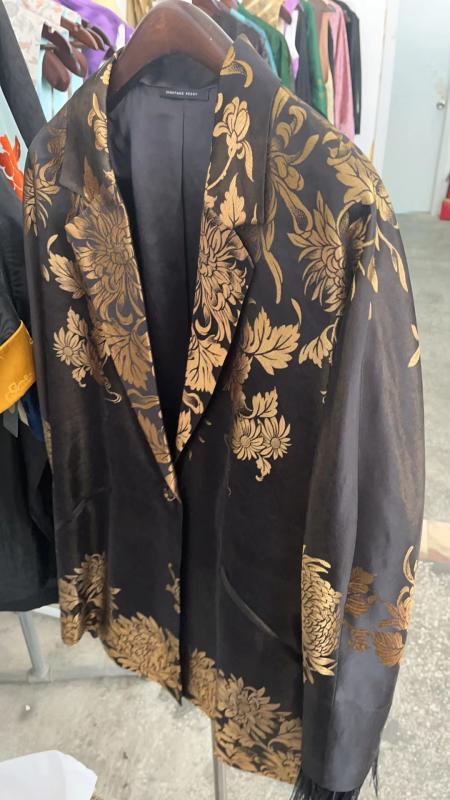 盛唐牡丹| 民国真丝老面料配鸵鸟毛西装外套-黑色 商品图0