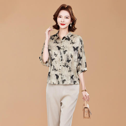KQ2025夏季新款减龄五分袖印花衬衫气质大码洋气女薄款真丝小衫 商品图3