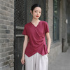 雀说新款设计感短袖t恤女新中式汉麻v领气质显瘦上衣AL6516 商品缩略图7