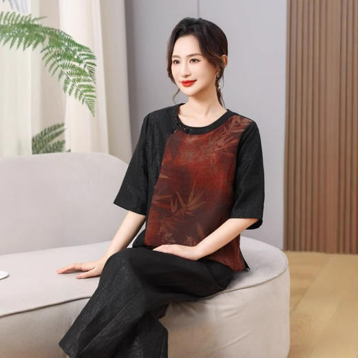 丁摩真丝香云纱黑红龟纹圆领新款时100%桑蚕丝时尚中袖夏季宽松衬AL2569 商品图1