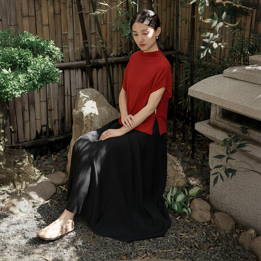 雀说新款短袖t恤女半高领盘扣复古天丝羊毛蝙蝠袖上衣AL6513 商品图3