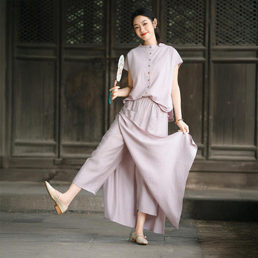 雀说新款裙裤女松紧腰亚麻垂感开叉半身裙裤AL6515 商品图0