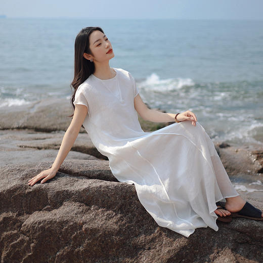雀说新款短袖苎麻连衣裙女高级感收腰纯色设计感长裙AL6539 商品图6
