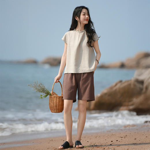 雀说新款短裤女外穿新中式国风苎麻松紧腰休闲裤AL6520 商品图3