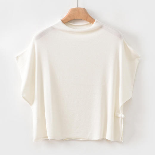 雀说新款短袖t恤女半高领盘扣复古天丝羊毛蝙蝠袖上衣AL6513 商品图8