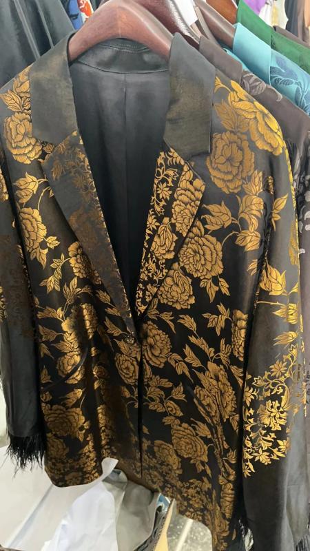 盛唐牡丹| 民国真丝老面料配鸵鸟毛西装外套-黄色 商品图0