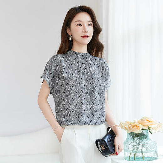 QS【100%真丝】双绉印花短袖小衫女百搭气质通勤桑蚕丝衬衣女1177 商品图1