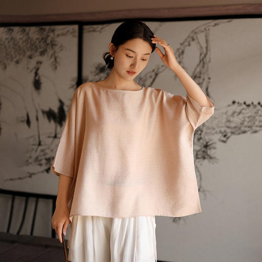 雀说新款圆领七分袖上衣女高级感亚麻垂感t恤宽松显瘦AL6517 商品图2