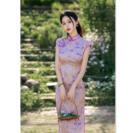 GX复古中国风仿醋酸缎面提花长款旗袍2025夏季新款宴会旗袍裙 商品图0