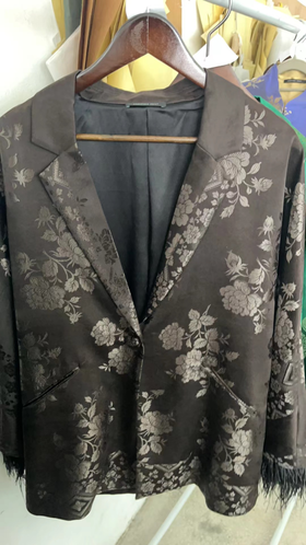 盛唐牡丹| 民国真丝老面料配鸵鸟毛西装外套-黑灰