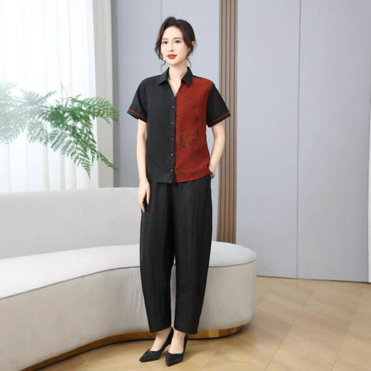 丁摩真丝香云纱黑红龟纹翻领新款时尚短袖夏季100%桑蚕丝宽松体恤AL2589 商品图2