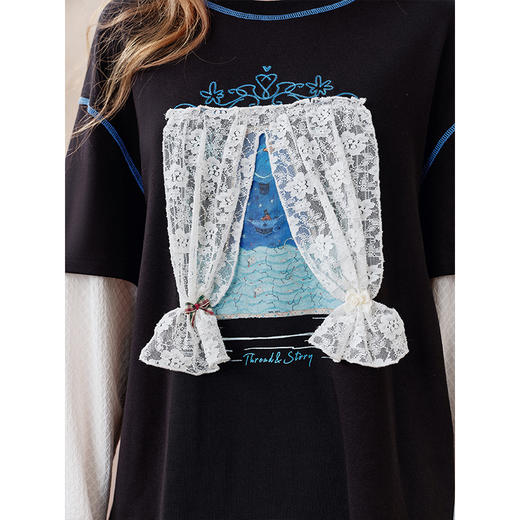 两三事绮窗旋梦2025秋季新款小清新拼接款印花假两件t恤女宽松 商品图3