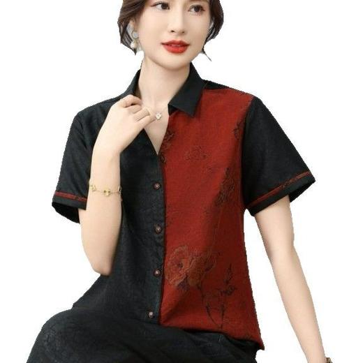 丁摩真丝香云纱黑红龟纹翻领新款时尚短袖夏季100%桑蚕丝宽松体恤AL2589 商品图4