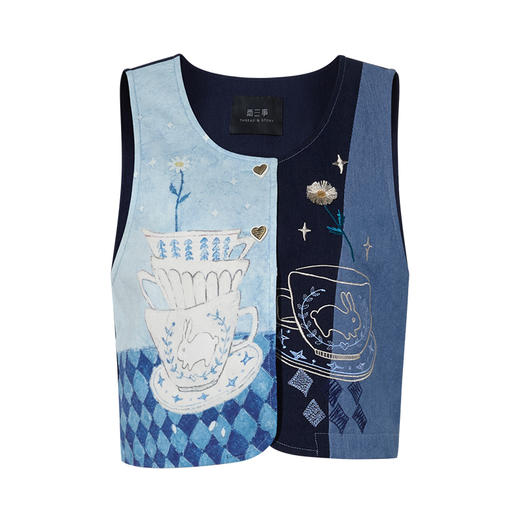 两三事晴兔茶叙2025秋季新款复古印花刺绣拼色短款马甲女宽松马夹 商品图4