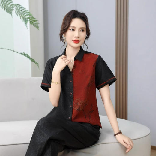 丁摩真丝香云纱黑红龟纹翻领新款时尚短袖夏季100%桑蚕丝宽松体恤AL2589 商品图0