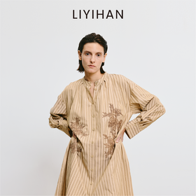 LIYIHAN李亦寒 2025秋新款法式棉质连衣裙女卡其色设计感中长裙子