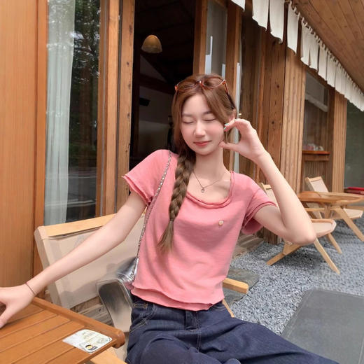 设计感木耳边假两件短袖t恤女夏季修身显瘦短款正肩上衣    NDK-F7853 商品图0