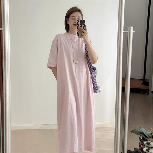 日系贵牌！2025经典海马刺绣竹节棉圆领宽松休闲连衣裙夏季懒人T恤裙！ 商品图1