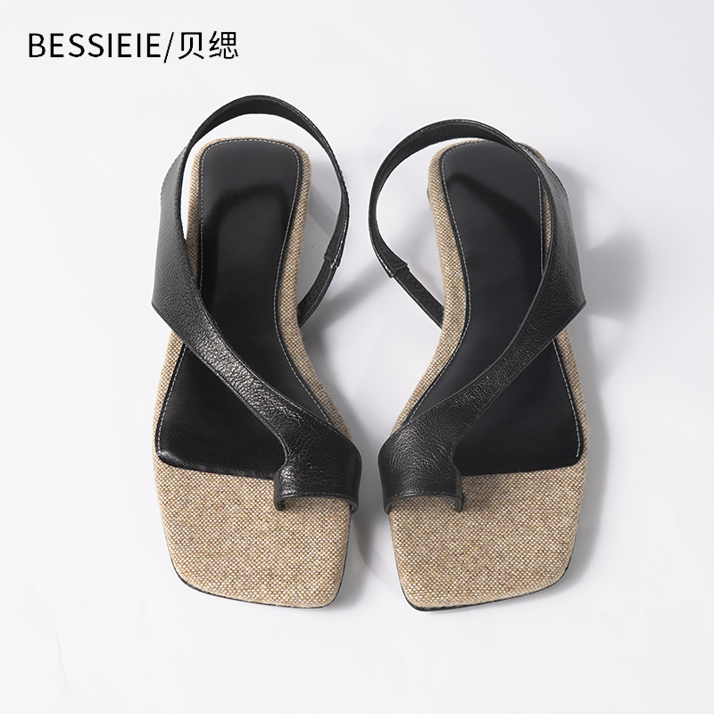 复古低跟凉鞋方头夹趾拖鞋