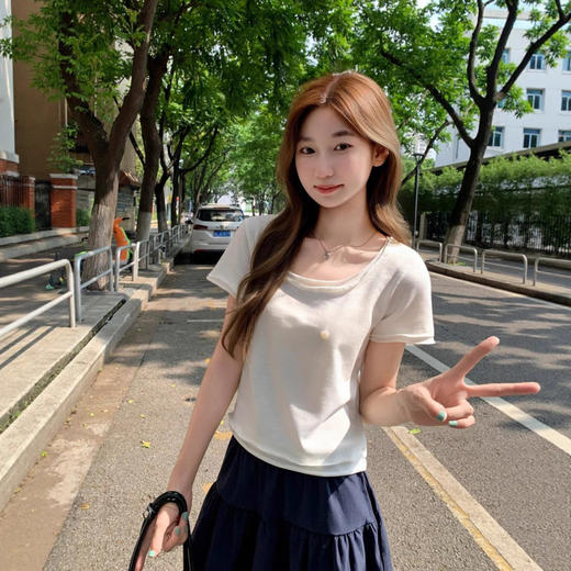 设计感木耳边假两件短袖t恤女夏季修身显瘦短款正肩上衣    NDK-F7853 商品图2